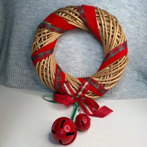 Wicker Christmas Wreath Red Green Plaid Ribbon Jingle Bells Holiday Decor - Picture 5 of 5